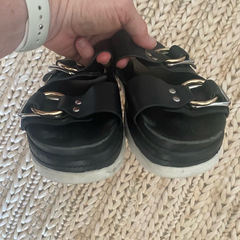 J Slides Black Leather Silver Buckle Slip-on Sandals Size 9-10 Womens - Picture 4 of 5